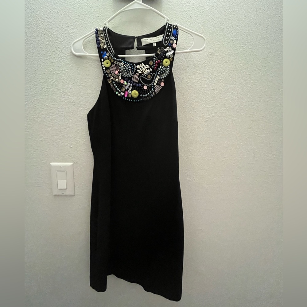 Trina Turk black beaded neck mini halter dress